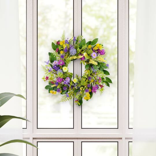 24" Purple & Yellow Spring Echinops & Chrysanthemum Floral Wreath